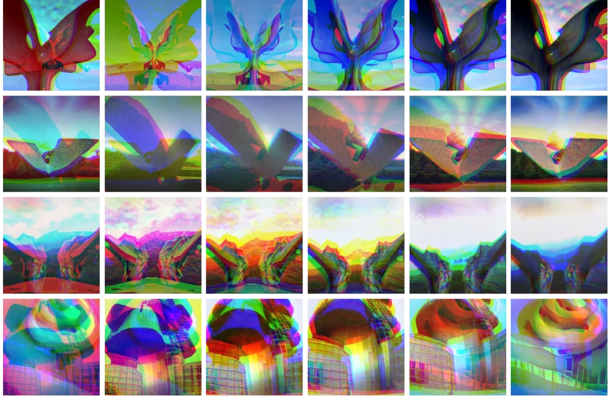 Grid of colorful stills from six separate video interpolations trained on photo documentation of six key Yugoslavian memorial monuments.