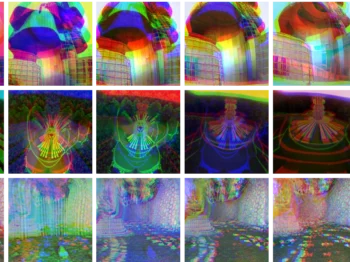 Grid of colorful stills from six separate video interpolations trained on photo documentation of six key Yugoslavian memorial monuments.