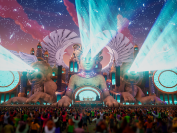 A computer-generated image of three enormous Humanoid-Sphynx-like and Lion-Like sculptures on an outdoor concert stage that have blue light beacons shining from their eyes out over the large, cheering audience.