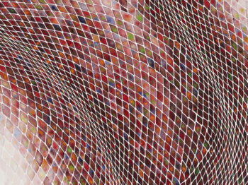 White grid in square pattern, distorted into diamond shapes as if on fabric. Cells are painted with warm jewel tones and white, grouped to suggest dimension of grid. Credit: Timothy Lee.