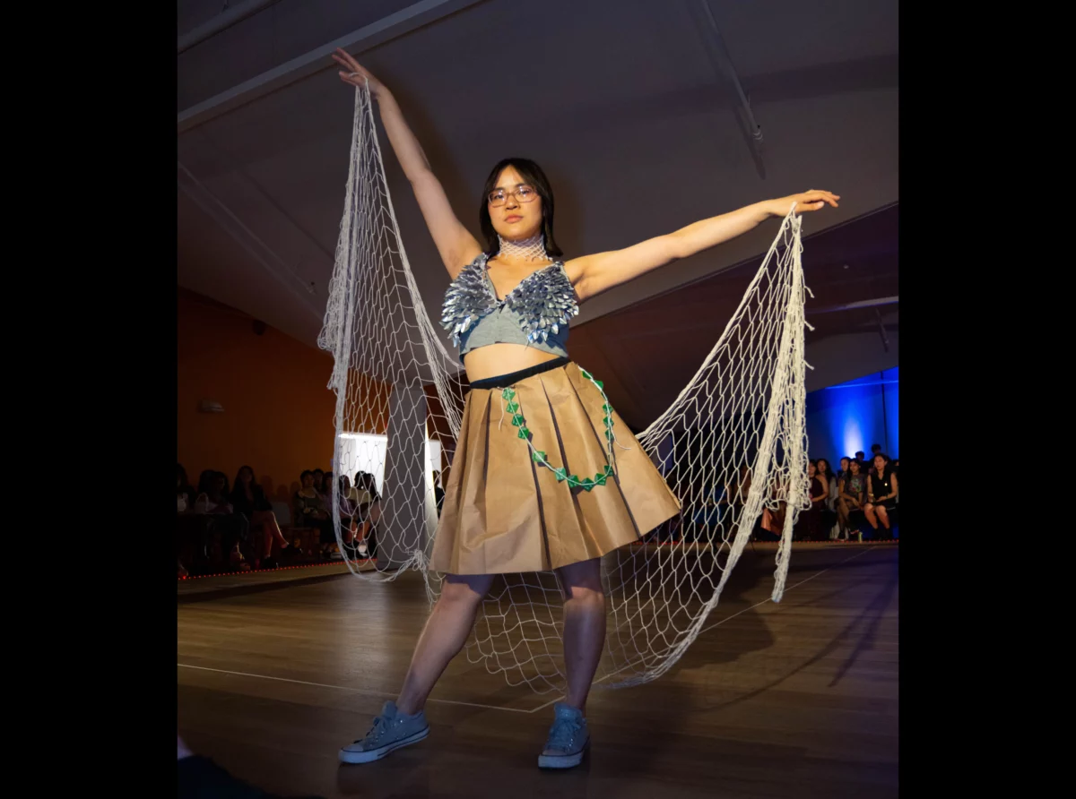 Teresa Gao walks the runway in a design by Shayna Ahteck at the MIT Gala 2023.