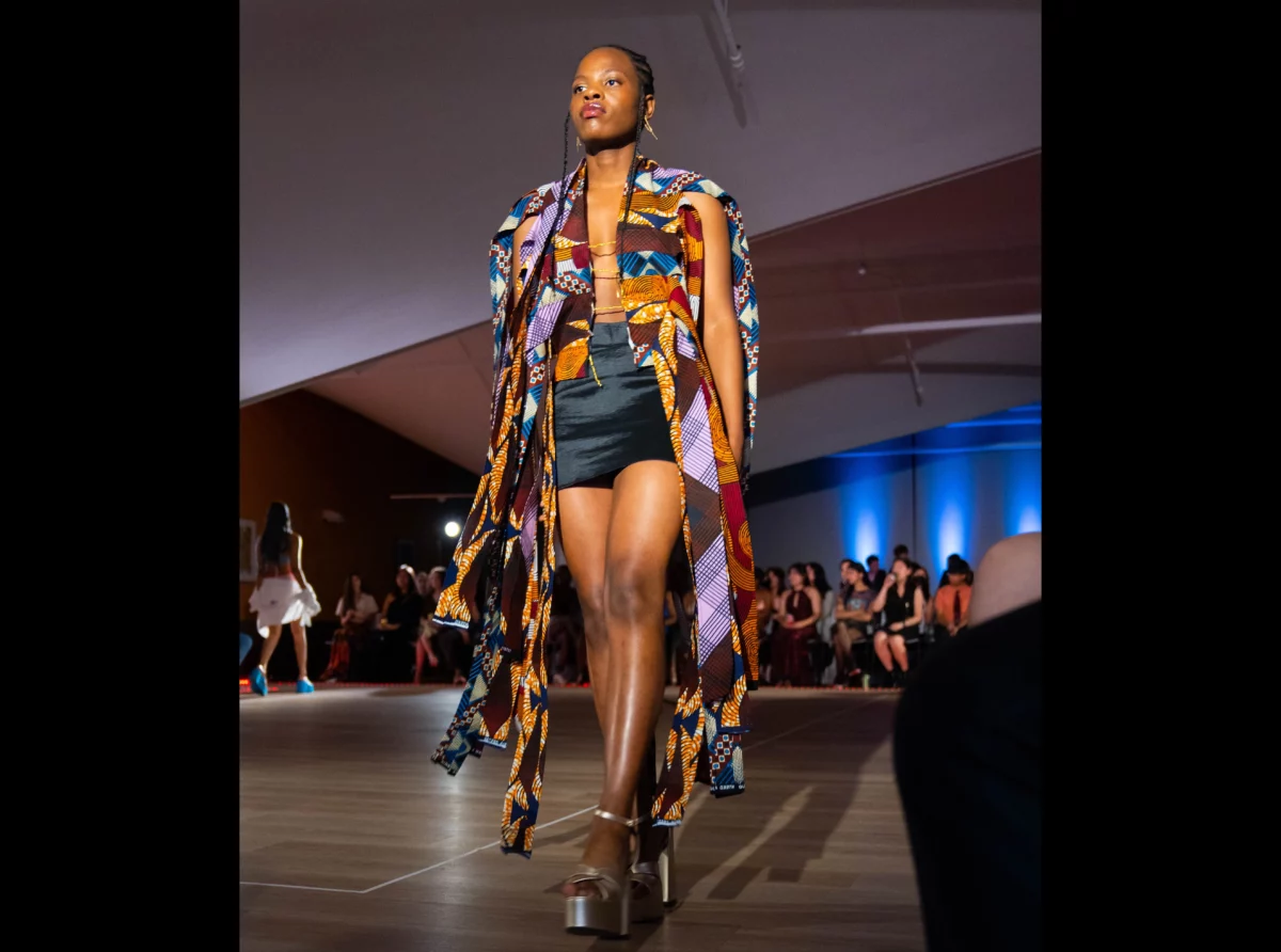 Vivian Chinoda walks the runway in a design by Nisha Nkya. MIT Gala 2023.