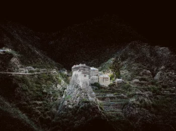 Point-cloud generated from aerial data of 100,000 images of Simonos Petra Monastery (southern view) from Nikolaos Vlavianos PhD Dissertation in Design & Computation