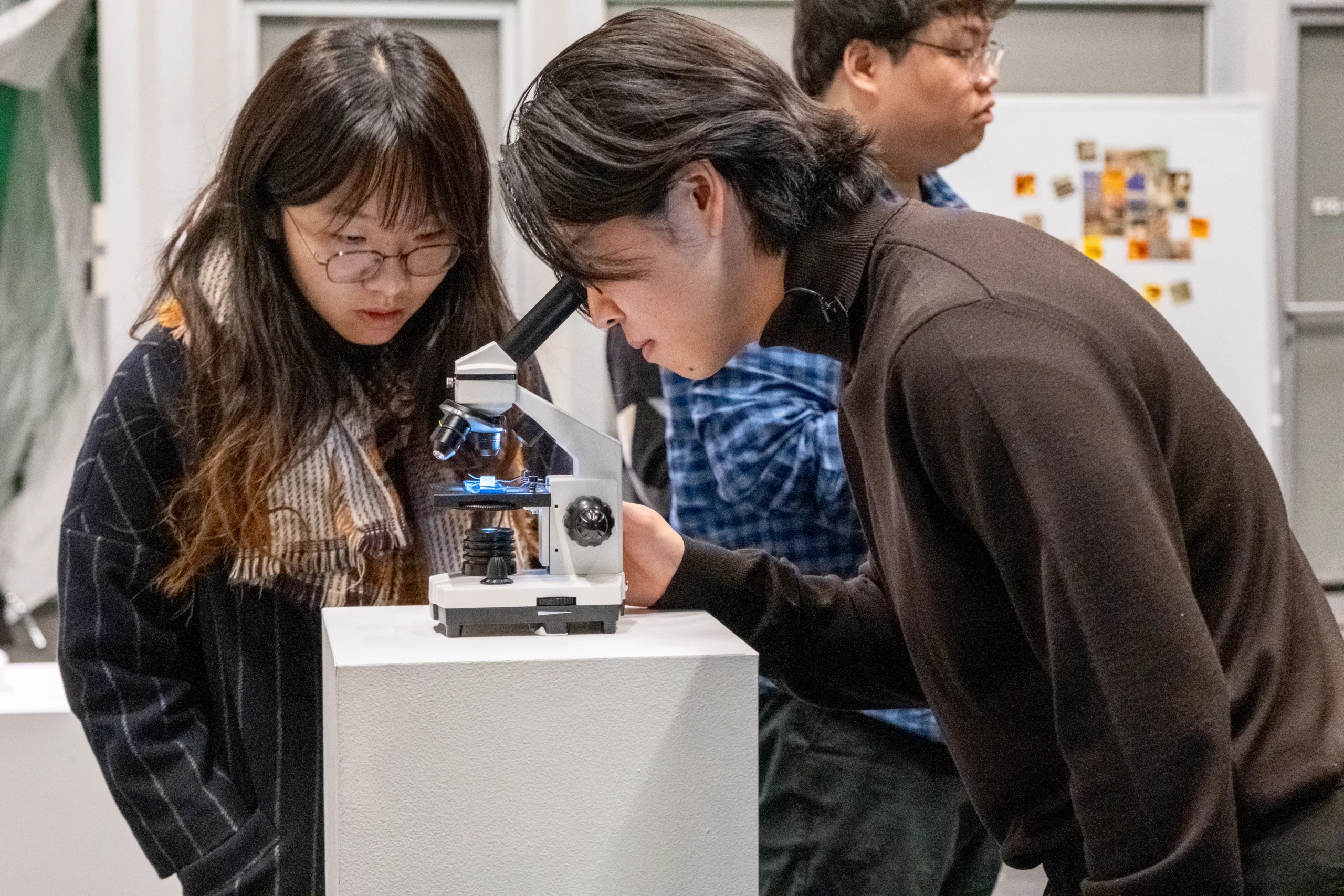 An MIT student looks into a microscope while another student looks on.