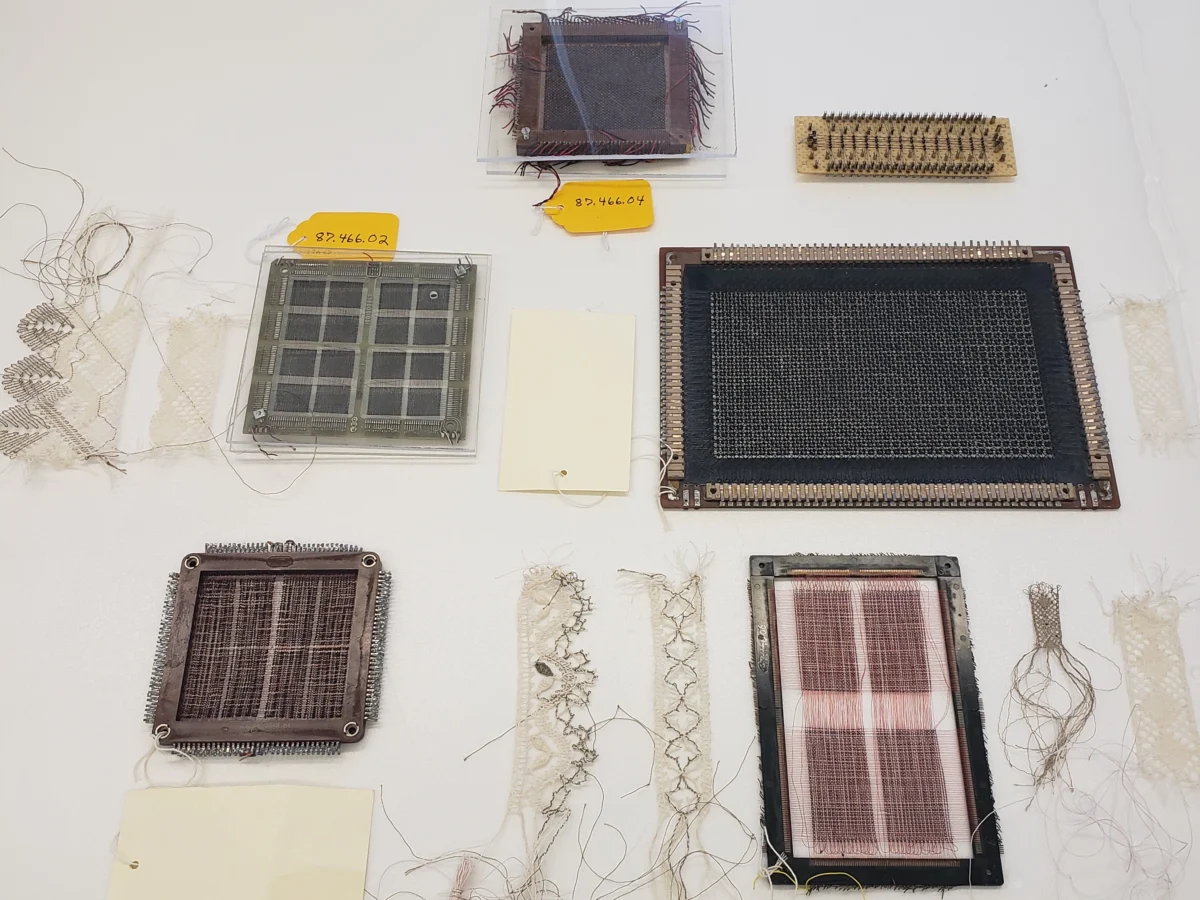 Chloé Bensahel, magnetic core memory objects and handmade lace from 2022 research residency at the Smithsonian Museum of American History. 