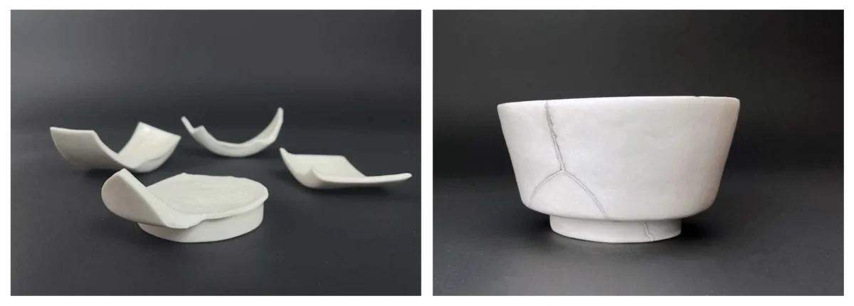 Two images of a ceramic cup, one cracked apart and one mended.