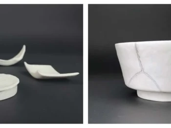 Two images of a ceramic cup, one cracked apart and one mended.