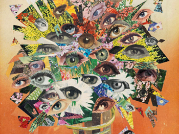 An image of a colorful collage of different eyes forming the shape of a bouquet against an orange background