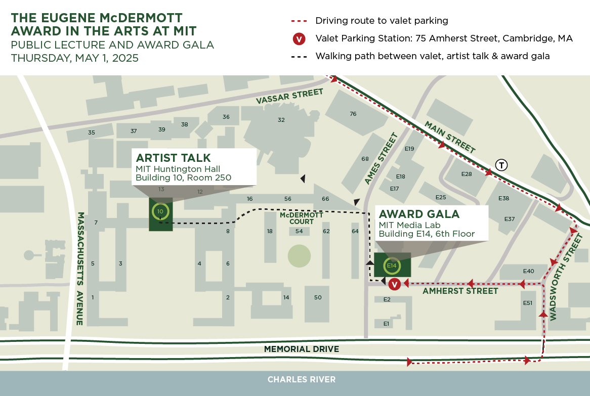 Map of Cambridge, Massachusetts showing the location of the MIT Media Lab and Compton Laboratories Lecture Hall.