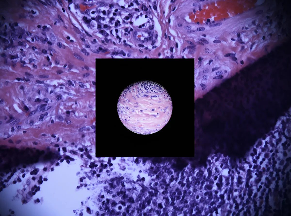 Swirling closeup of purple cells surrounding a floating of a planet made from cells