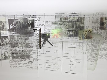 A page showing a mixture of historical photographs and typed and hand-written documents.