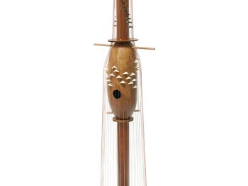 An instrument made of wood, strings, and metal on a white background.